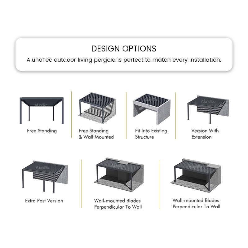 Venta caliente moderno mobiliario de exterior ajustable impermeable Louvered prefabricados Casas Cafe pérgola cubierta de techo motorizados Patio Mirador de aluminio