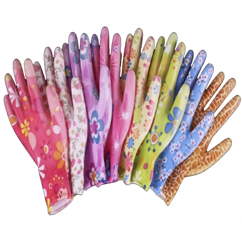 Factory Price Lady Work Garden Gloves Printing Polyester Liner Safety Gloves with PU Coated