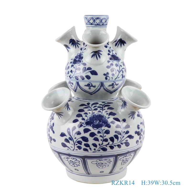 Rzkr14 vase en céramique chinoise bleu et blanc de tulipe forme Gourd