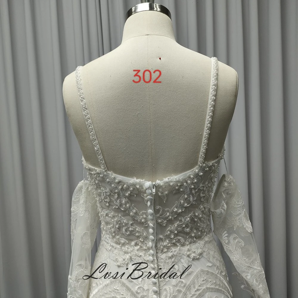 302 Illusion Bodice Spaghetti Straps Wedding Dress with Detachable Long Sleeve Bridal Gown Dress Heavy Lace and Beading Dress for European and American Style