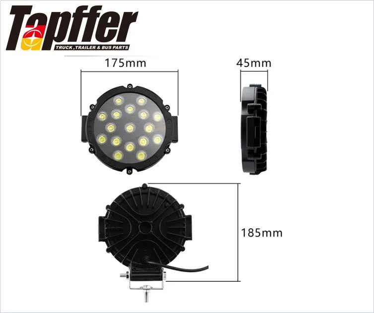 51W 7 Inch Car Round LED Work Light 12V High Power Spot Light for 4X4 Offroad Truck Tractor ATV SUV Driving