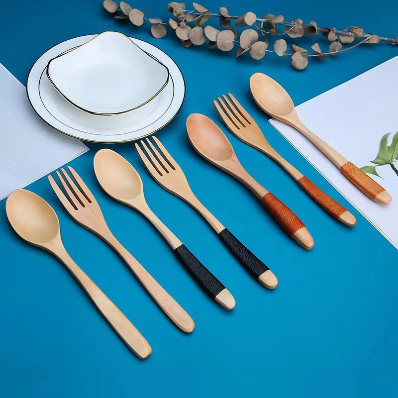 Lotus Spoon Fork Creative Winding Non-Slip Household Nanmu Fork Dessert Pudding Spoon Tableware Direct Sales