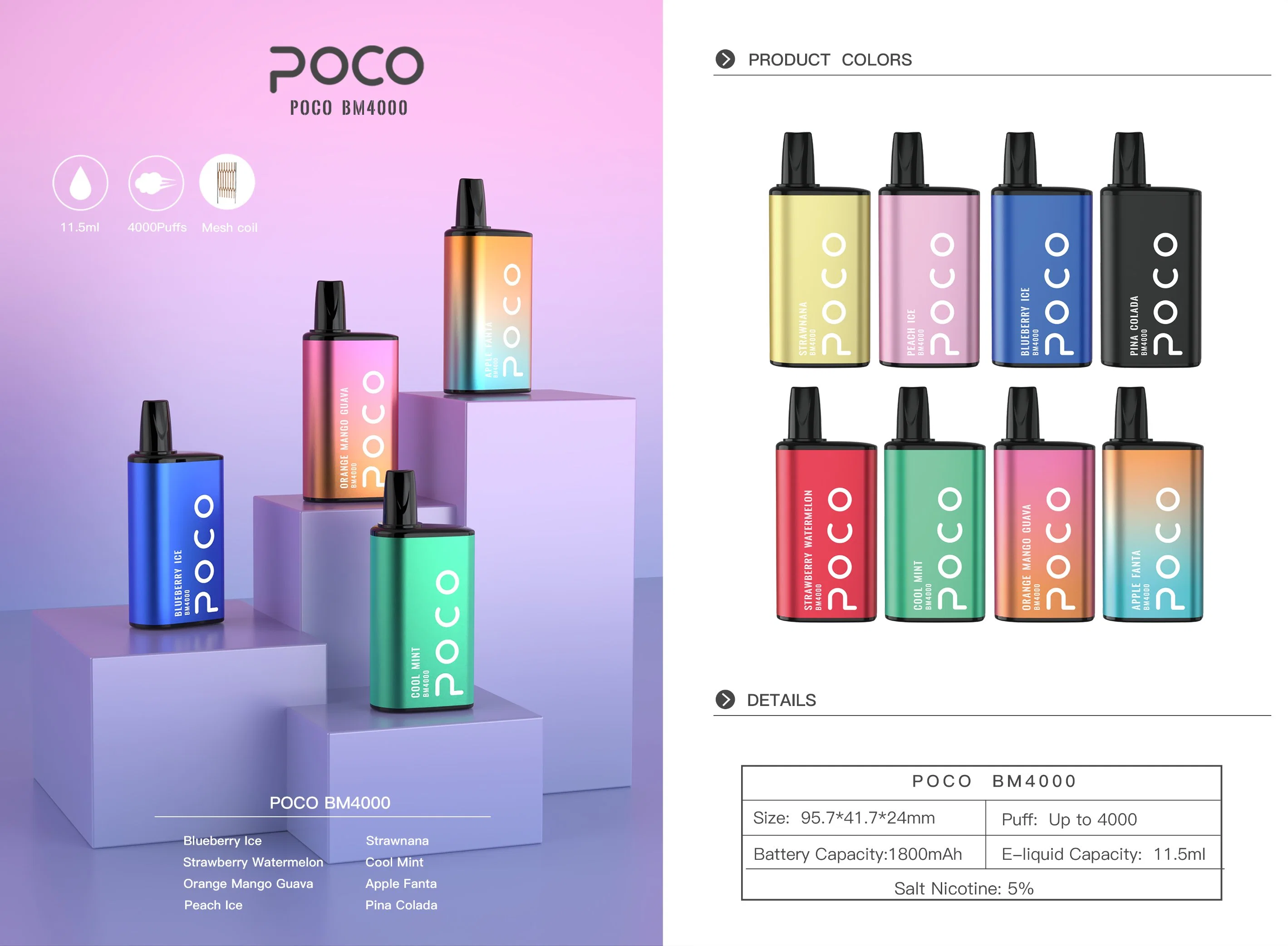 Poco Bm4000 одноразовые Vape перо 11,5 мл Pre-Filled Vape сок катушки ячеистой сети оптовых Vape 0/2/5% Nic для изготовителей оборудования на заводе питания