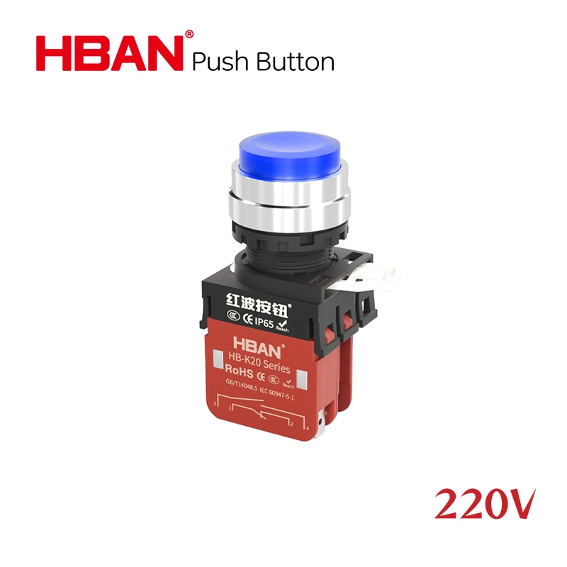 High Current 220V Blue High Head 1no1nc Momentary Waterproof Push Button Switches with DOT LED