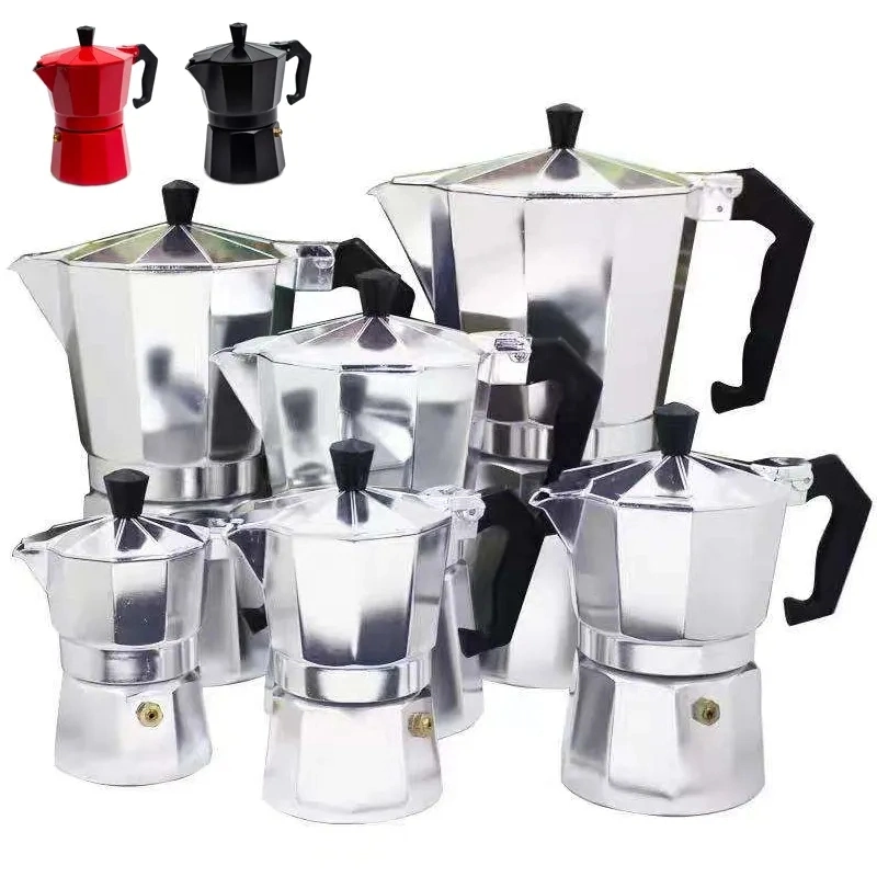 Оптовая торговля портативных алюминиевых Moka Pot Кофеварка серебристого цвета черного цвета красный 1/2/3/6/9/12 чашки 50/100/150/300/450/600мл эспрессо Cafetiere