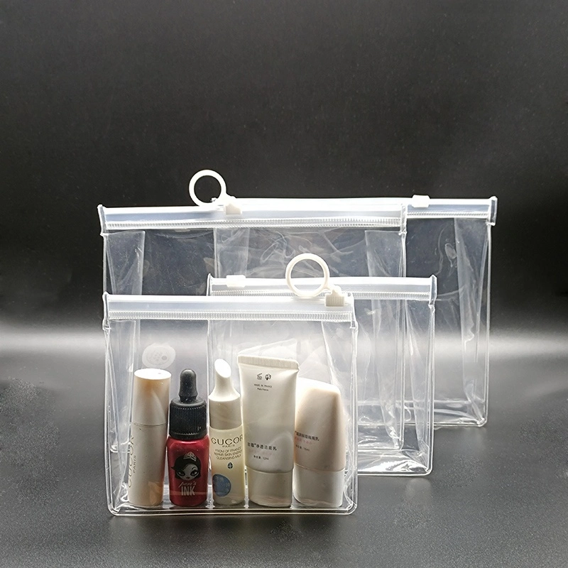 Hot Selling Plastic Waterproof Cosmetic Bag Zipper Small Clear Zipper Cosmetic Samples Packaging Bag with White Round Puller