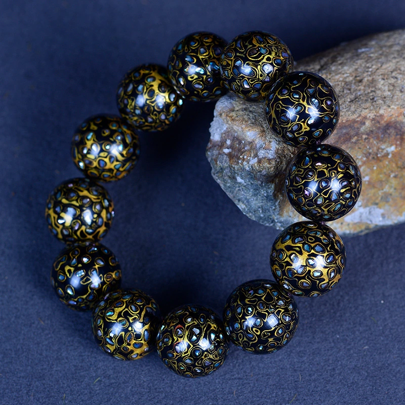 Lacquer Beads Full of Mother Pearl Blackgold Buddhist Beads Bracelet Technology