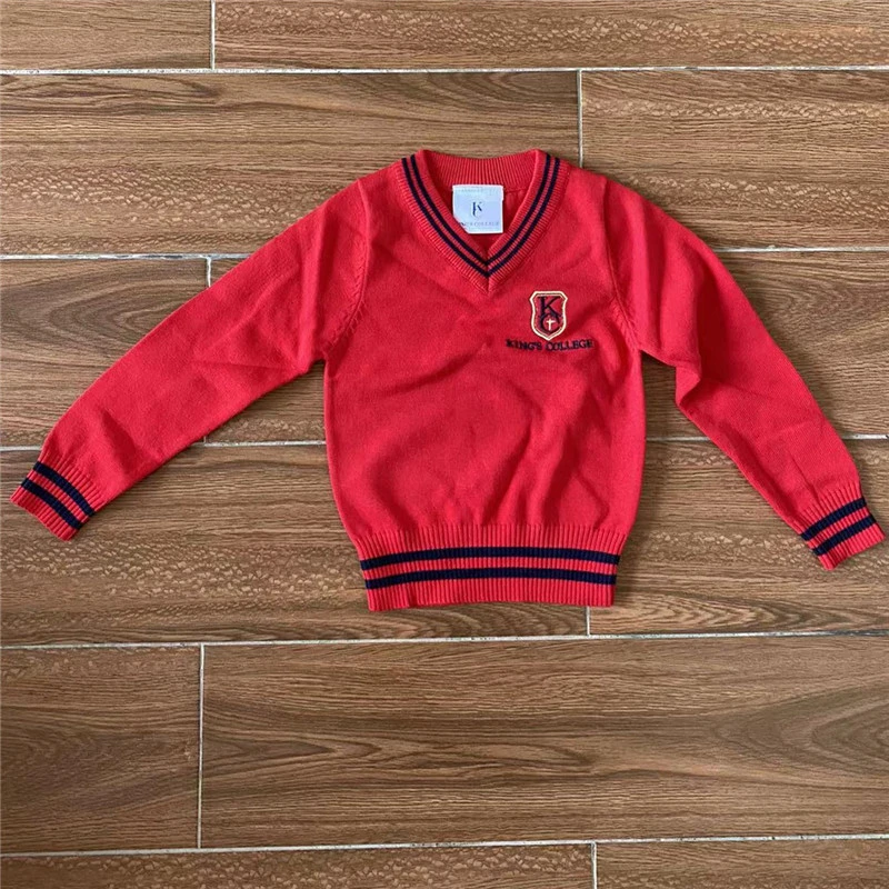 Hochwertige Baumwolle Schuluniform Kindergarten und Grundschule Kinder′ S Strickpullover mit rotem V-Ausschnitt/Pullover/Jersey/Trikots