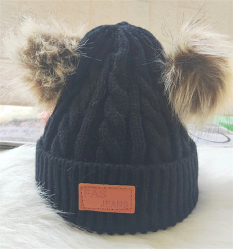 Infant Toddler Beanie Woolen Hat Pure Color Winter Twist Double POM POM Wool Knitted Hat for 1-3 Years Old Esg13428