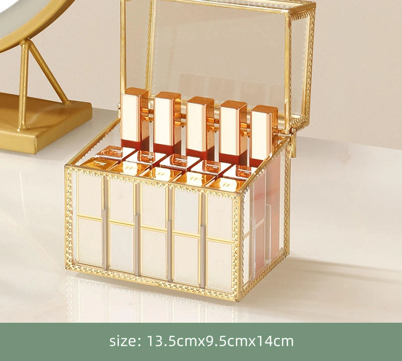 Makeup Organizer Luxury Gold Metal Glass Brush Acrylic Desk Perfume Vanity Holder Make up Cosmetic Storage Box