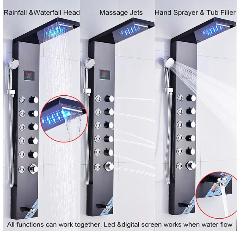 LED Digital Shower Panel Column Rain Waterfall Shower Head Massage SPA Jets Mixer Tap Spout Digital Bath Set