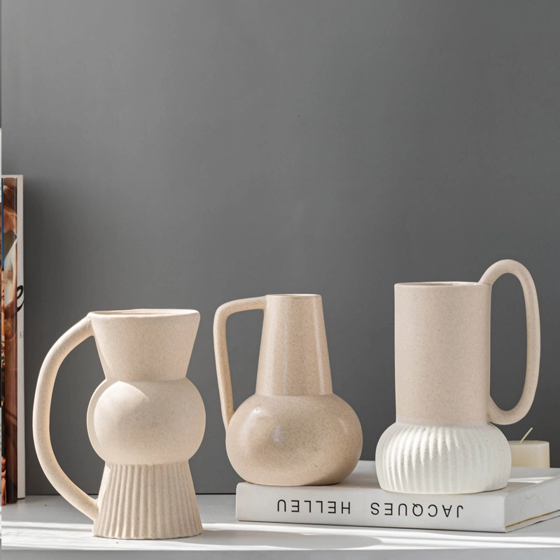 Ceramic Vase Decoration with Handle, Porcelain Flower Pot with Matt Glazed Finished