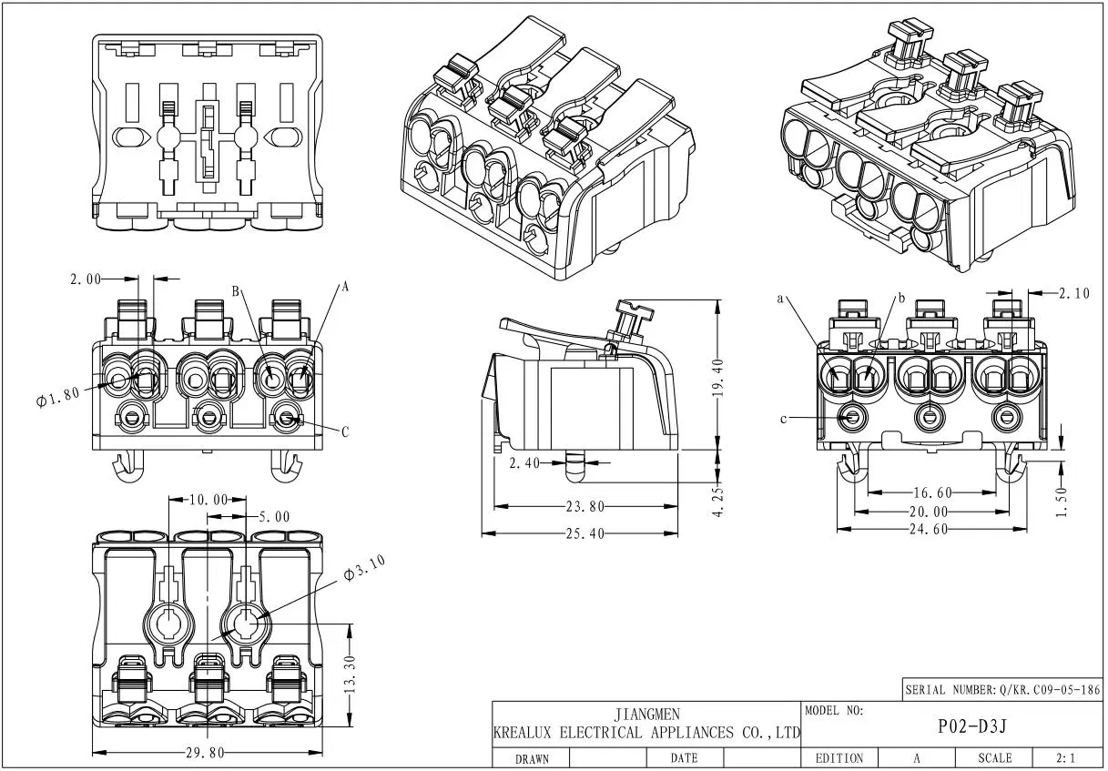 Krealux/Belecks P02-D3/9 (N/E/L) -CQC 3 Ports/Poles Screwless Push Wire Connectors