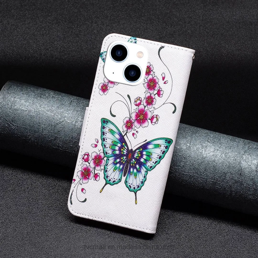 Bf Pattern Printing Leather Series-2 for iPhone 14 6.1 Inch PU Leather Cover Stand Wallet Full Protection Inner TPU Phone Case - Peach Blossom and Butterflies