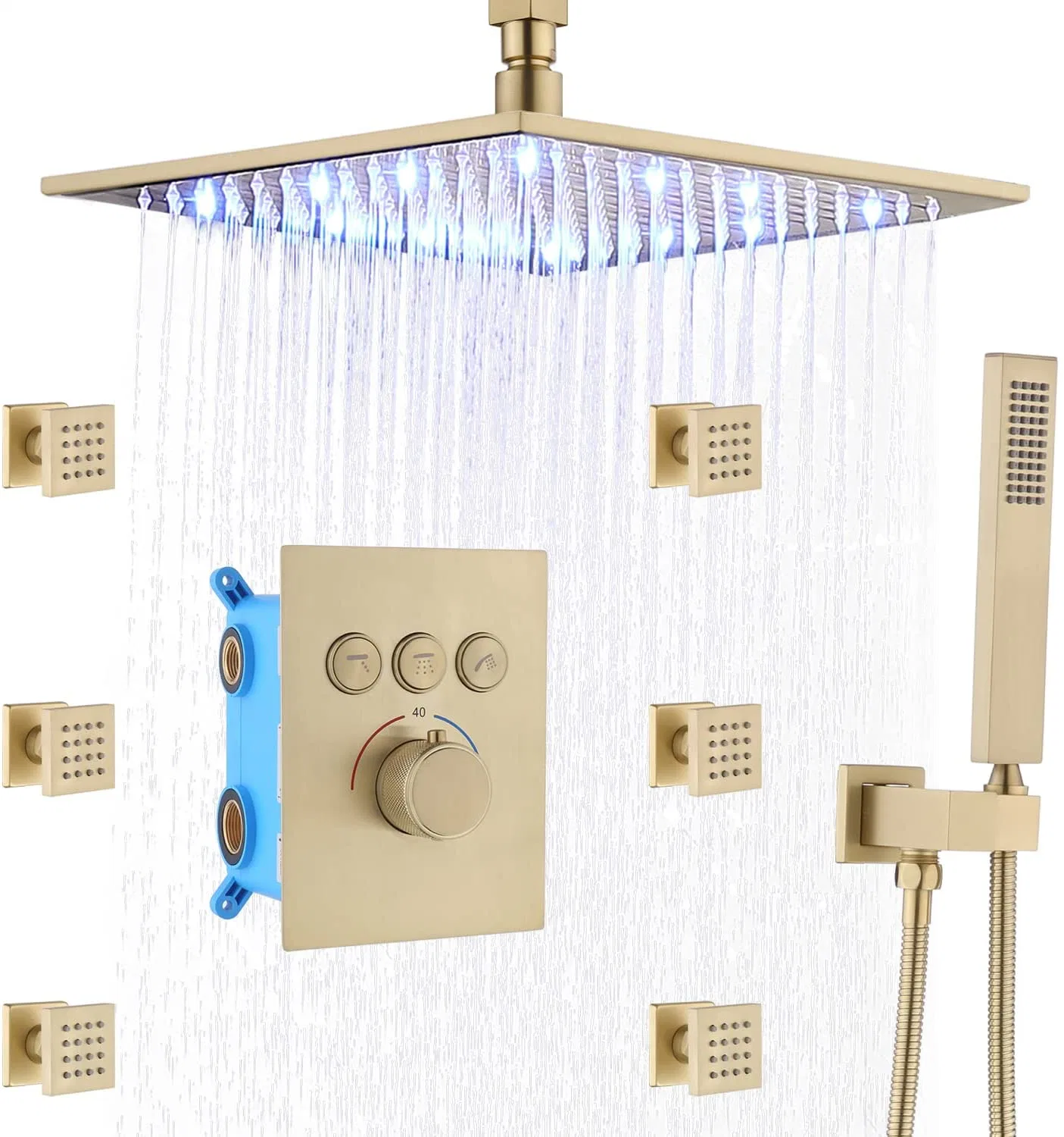 Oro en el techo del sistema de cabezal de ducha de lluvia, de 12 pulgadas cuadradas con LED de cabezal de ducha de mano y de varios surtidores de cuerpo combinado ducha termostática, puede utilizar