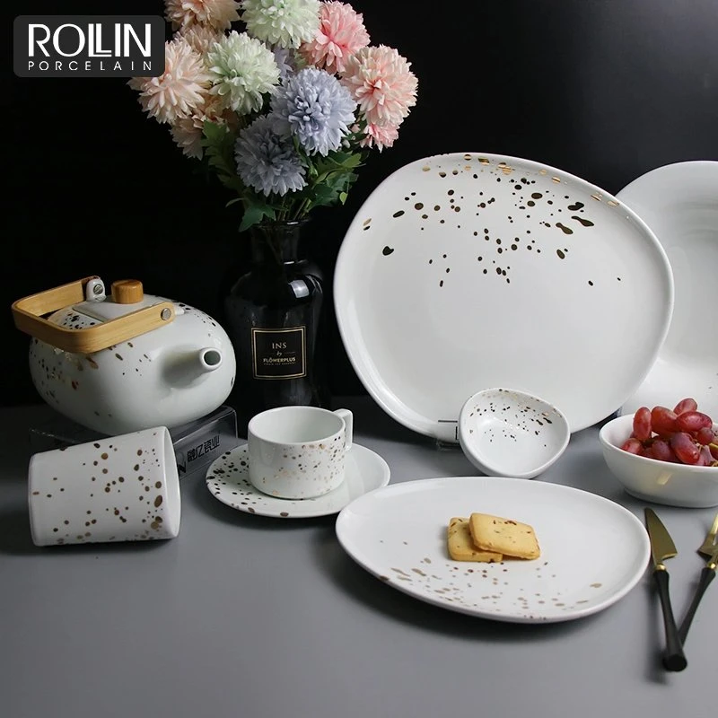 Porcelain Plates White Dinnerware Gold Decal Dinner Set