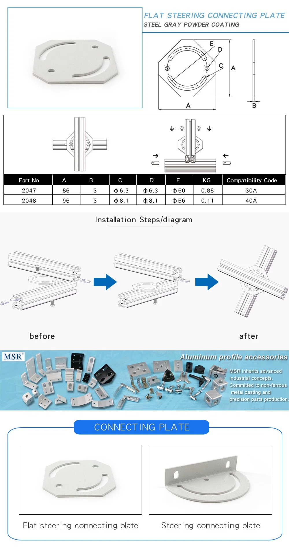 China Manufacturer Msr Flat Steering Connecting Plate for Aluminum Profile in 30