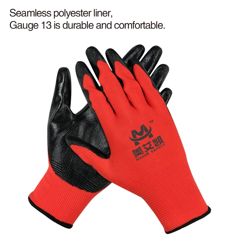 Doublure sans couture en polyester rouge de calibre 13 paume en nitrile noire Revêtement sécurité de travail gants de protection Laobr finition lisse EN388