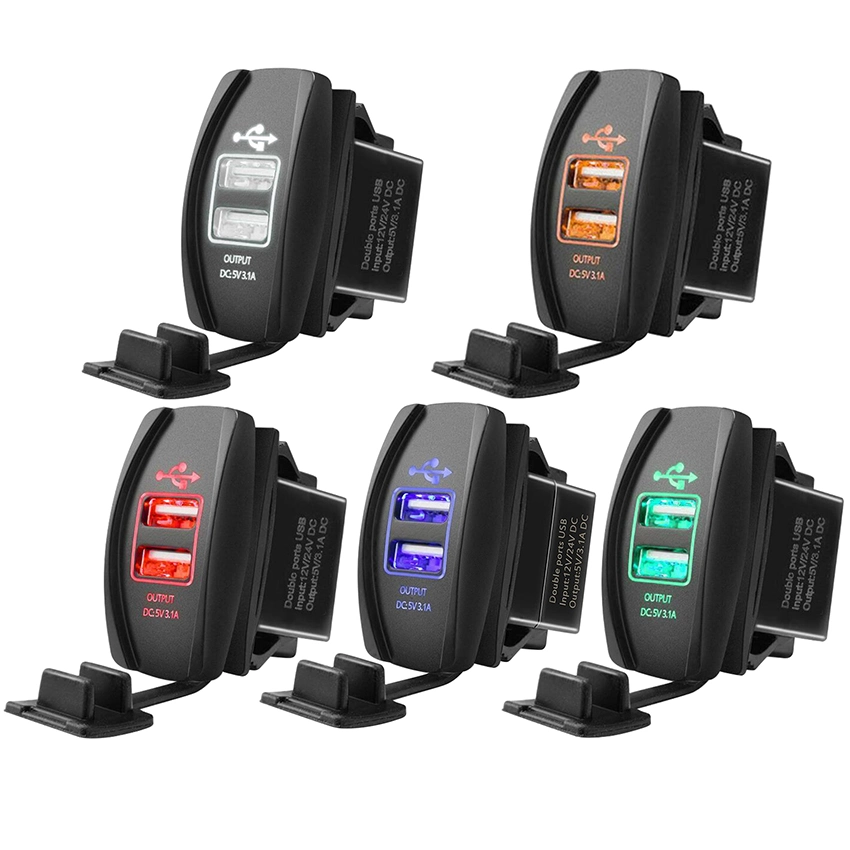 Universal Rocker Style Car USB Charger, with Blue LED Light Dual USB Power Socket for Rocker Switch Panel