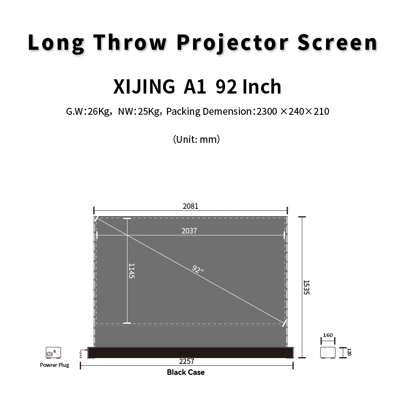 Xijing A1 92 pouces Écran de projection de sol à tension motorisée avec boîtier noir Obsidian Long Focus Alr.