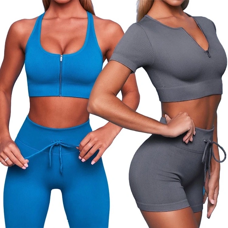 Hot Fashion Zip up Workout Outfits Cute Ribbed Sporty Clothes for Ladies, 2/3/4/5 PCS Gym Top + Drawstring Activewear Free Sample Plus Size Seamless Yoga Set