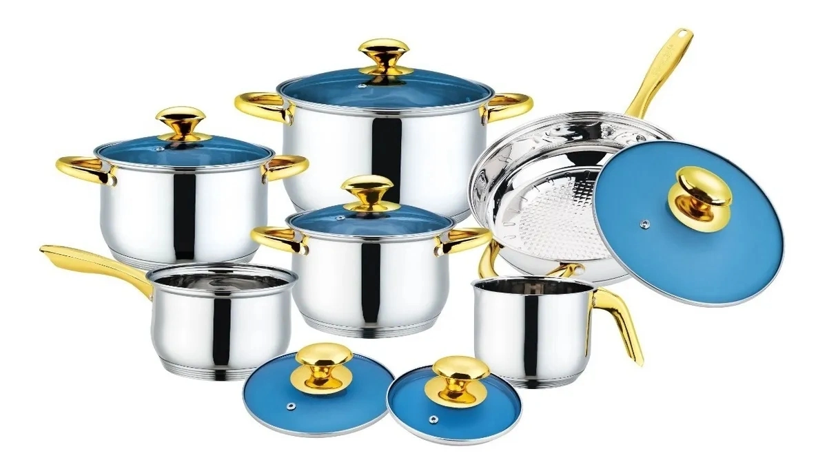 Großhandel/Lieferant 12pcs Edelstahl Kochgeschirr Set mit goldenen Griffen und blauen Glasdeckel, wirtschaftliche Küchenutensilien geeignet für alle Kochfelder mit Töpfen und Pfannen