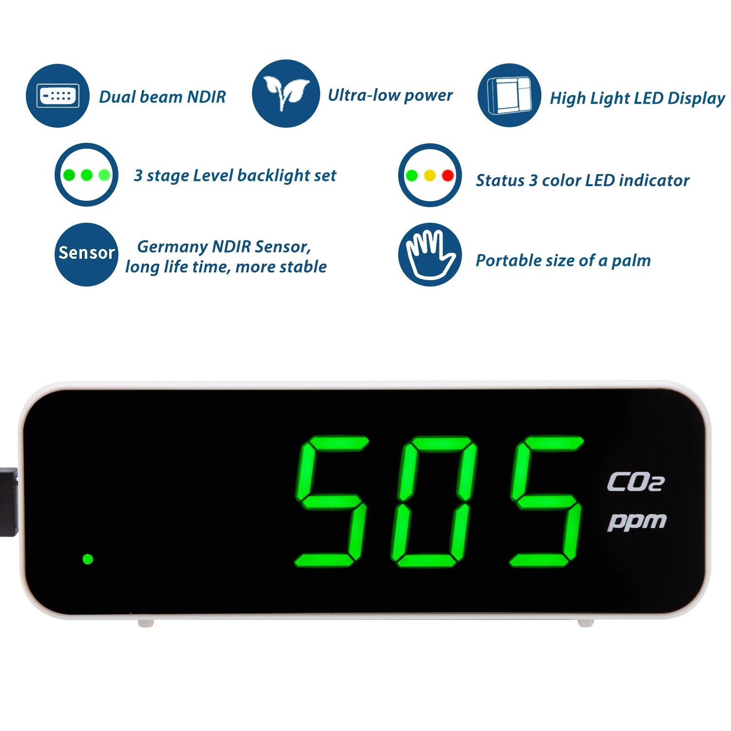 Termómetro de monitorização de emissões de CO2 Hygrometer Kit de teste de qualidade do ar único Sensor NDIR