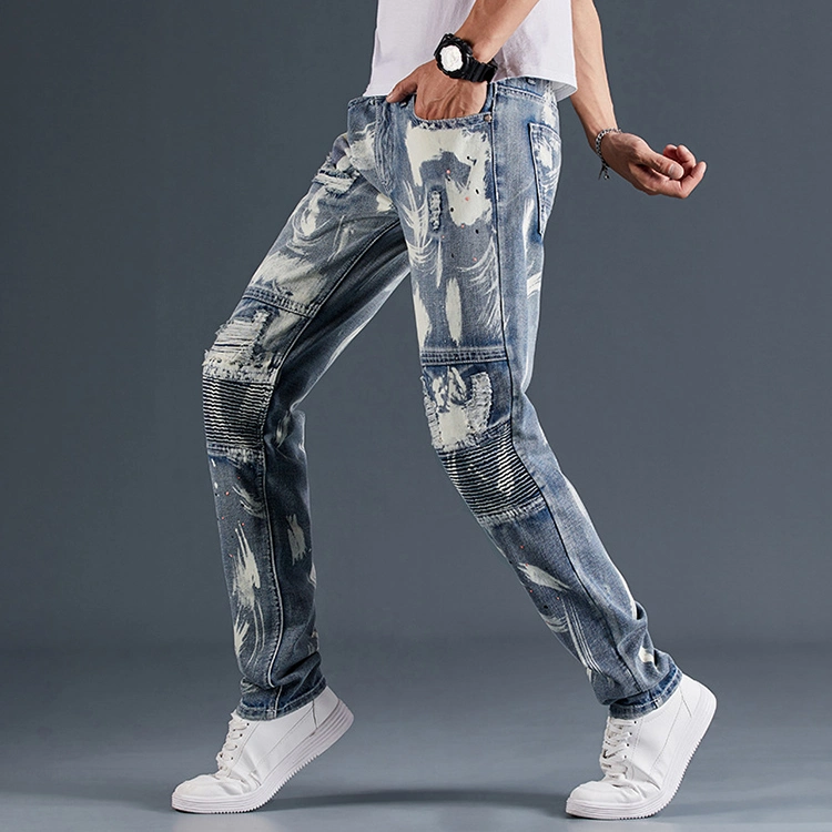 Japan Korea Latest Design Skinny Slim Fit Mens Jeans Men Jogger Denim Pants with Printed Pattern