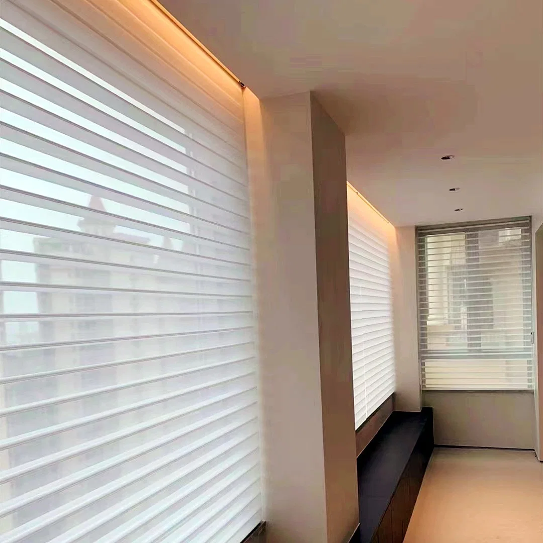 Elegant Motorized Shangri-La Sheer Blinds Horizontal Light Filtering Window Shades Remote Control