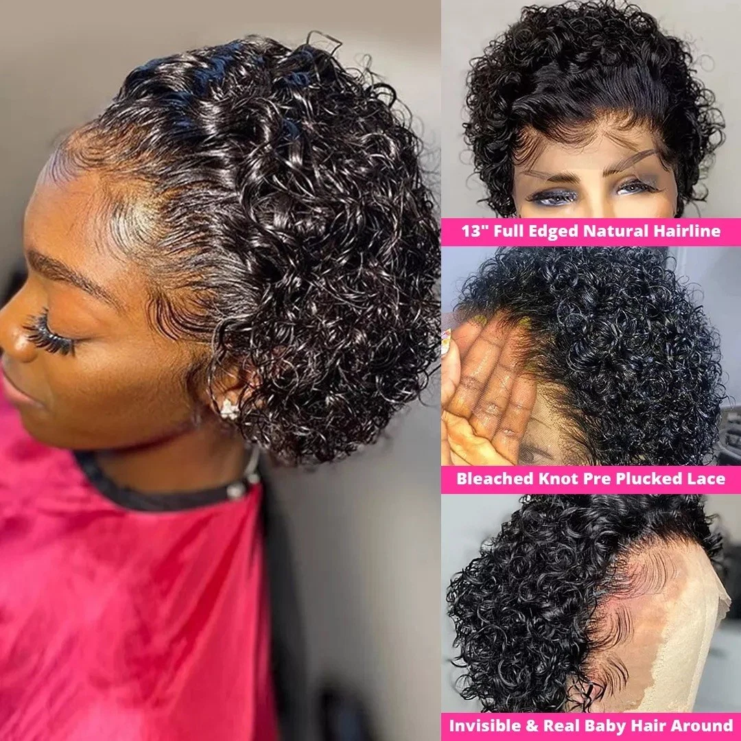 Sassy Pixie Abreviado Curly Bob Peruca 4X1 Lace encerramento parcial de cabelo humano peruca natural do cabelo Curta Brasileiro Curly Bob Lace Front peruca para mulheres negras 150% de densidade