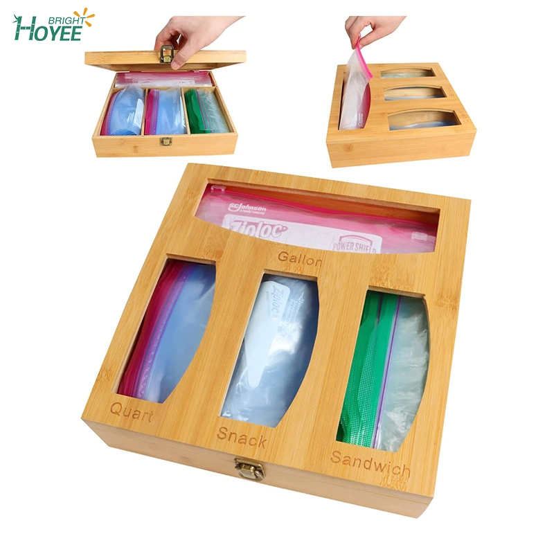 Eco-Friendly Bamboo Ziplock Bag Storage Organizer and Dispenser for Kitchen Drawer