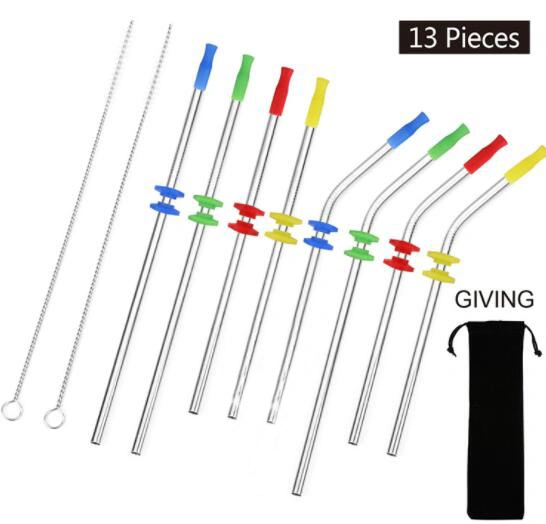 Reusable Stainless Steel Metal Drinking Straws with 2 Cleaning Brushes