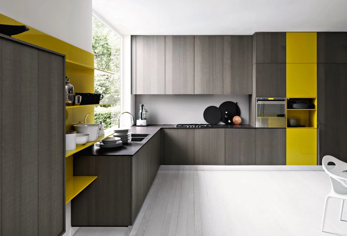 Nuevo modelo mixto de laca gris amarillo gabinetes de cocina Muebles de Cocina