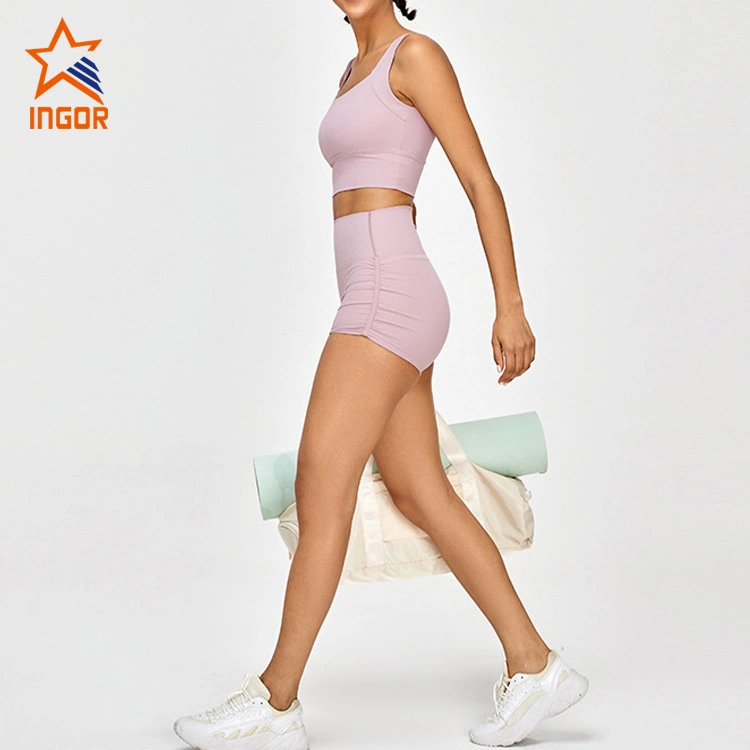 Ingor Sportwear Étiquette privée Activewear OEM ODM Custom Femmes Gym Wear Soutien-gorge de sport et short de cycliste Survêtement Vêtements de sport pour entraînement physique.