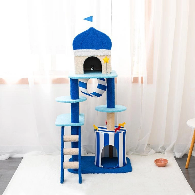 Aegean Park Series Blue Large Cat Trees Scratching Tower Board Toys Jumping Platform Pet Play House