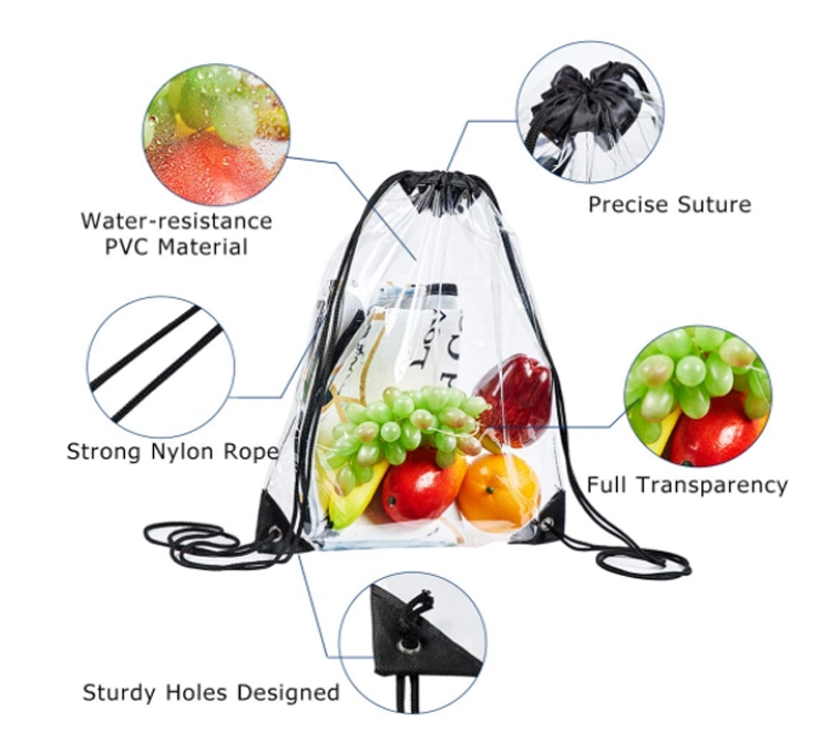 Logo imprimé personnalisé PVC transparent Sac à dos avec cordon haute qualité Promotion plastique transparent Blanchisserie Ladies Sac cadeau Sac à chaussures PVC