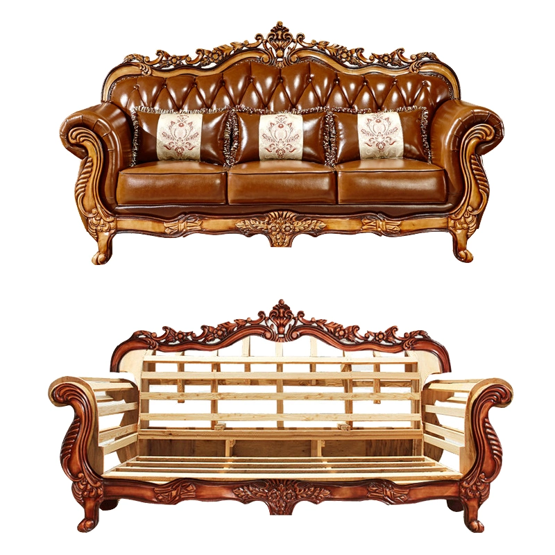 Home Furniture Factory Wholesale/Supplier Wood Carved Leather Sofa in Optional Furnitures Color and Couch Seat