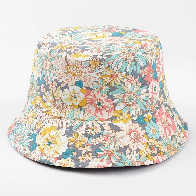 Duoble Layers Lady's Fashion Poly Cotton Flora Printing Woven Cap Bucket Hat