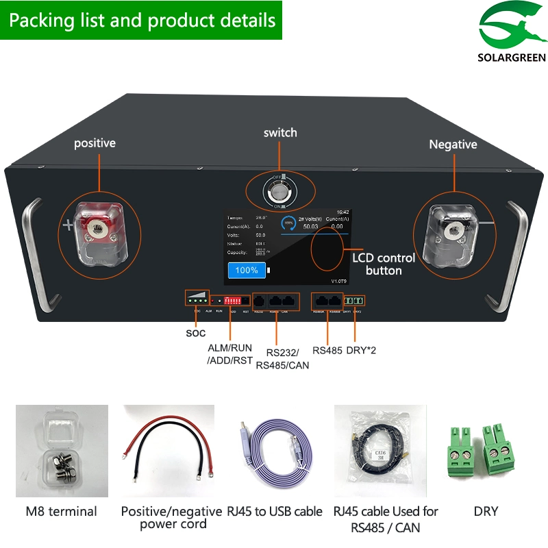 Bloc-batterie lithium LiFePO4 48 V/51,2 V 100 ah 200 a avec BMS pour Système solaire hors réseau