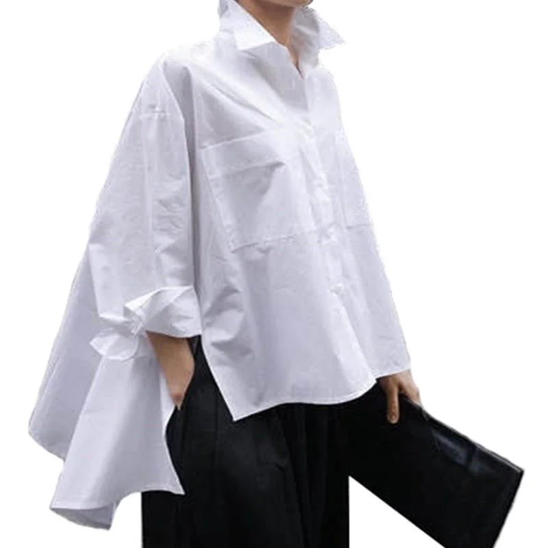 Spring and Summer Casual Loose Irregular Blouse Fashion Large Size Commuter Style Long-Sleeved White Blouse