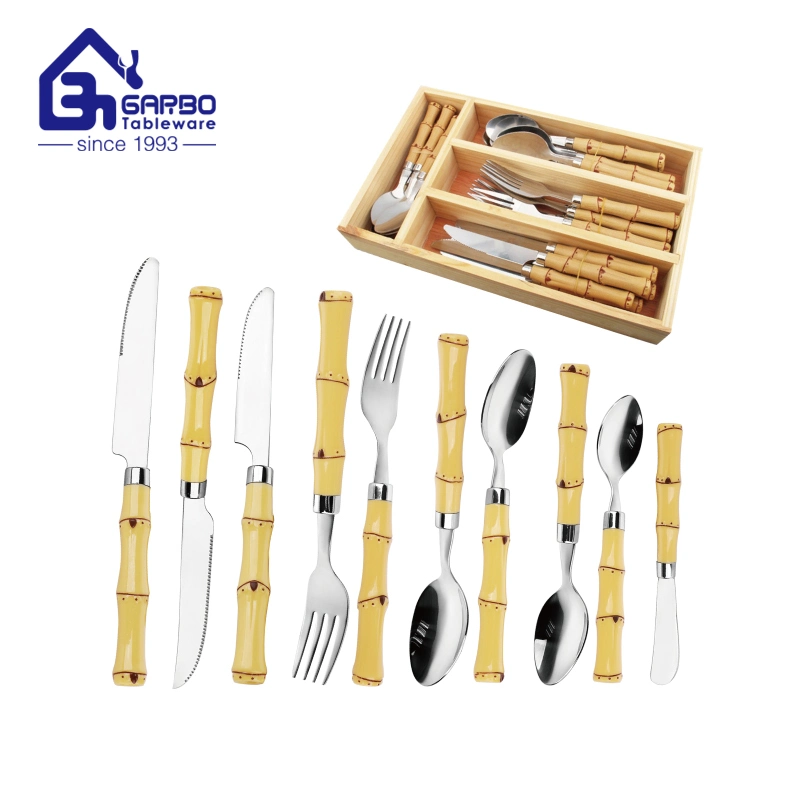 Imitate Bamboo Silverware Stainless Steel Steak Knives Forks Dessert Spoons Kitchen Utensils