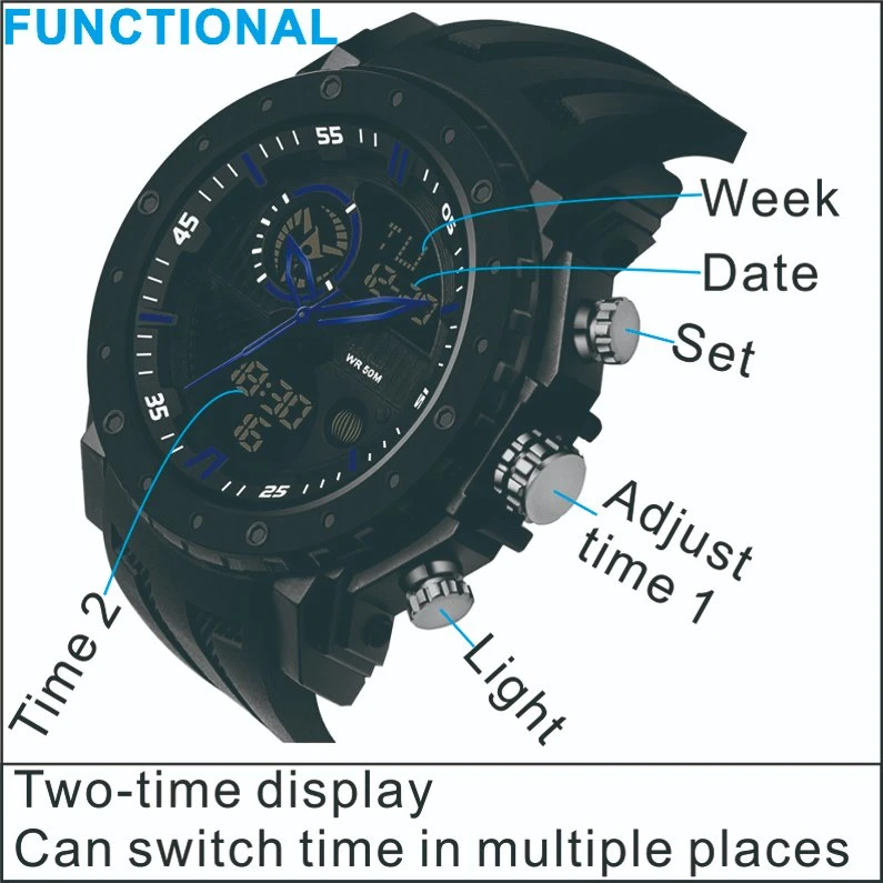 La mejor calidad resistente al agua 5 ATM Daual hombres de la zona horaria reloj de pulsera