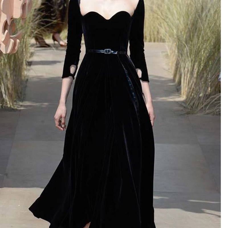 3/4 Sleeves Evening Dresses Velvet Blac Custom Prom Party Gowns Lb920