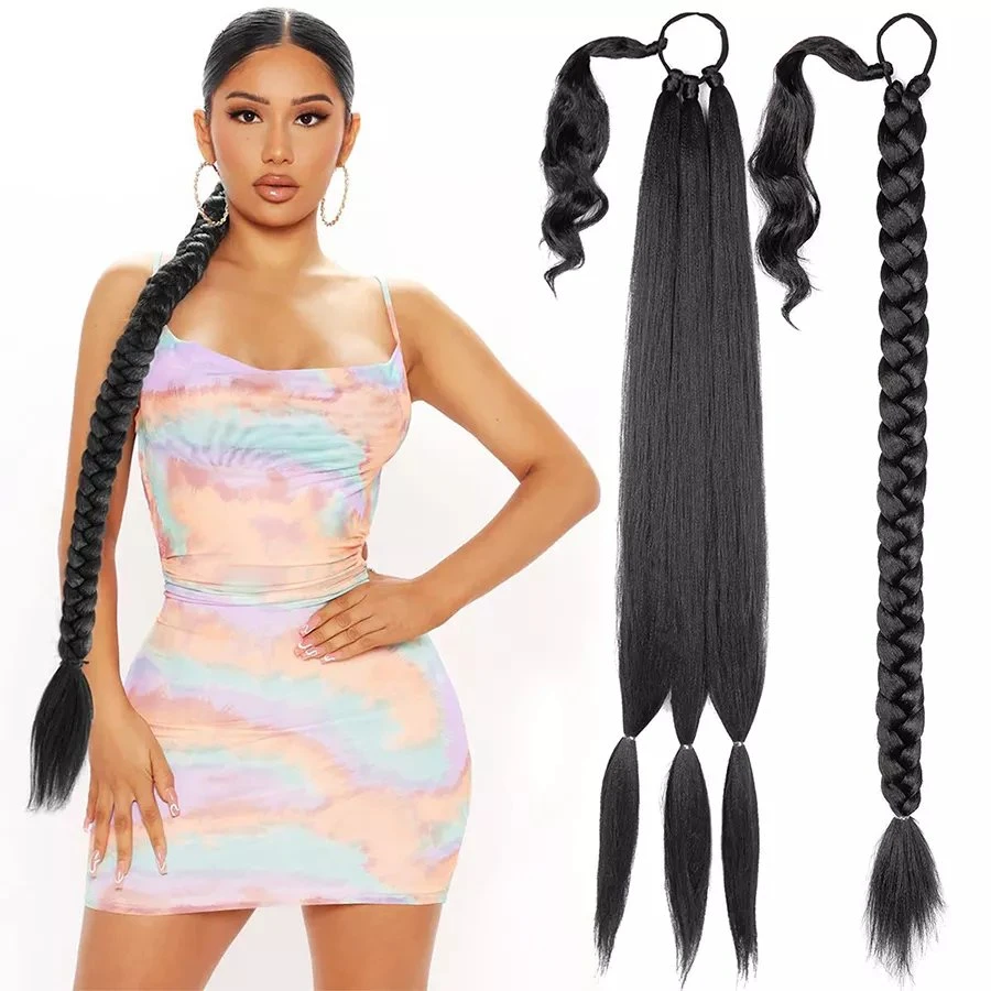 DIY Ponytail Extensions Synthetic Boxing Braids Wrap Around Chignon Tail with Rubber Band Hair Ring