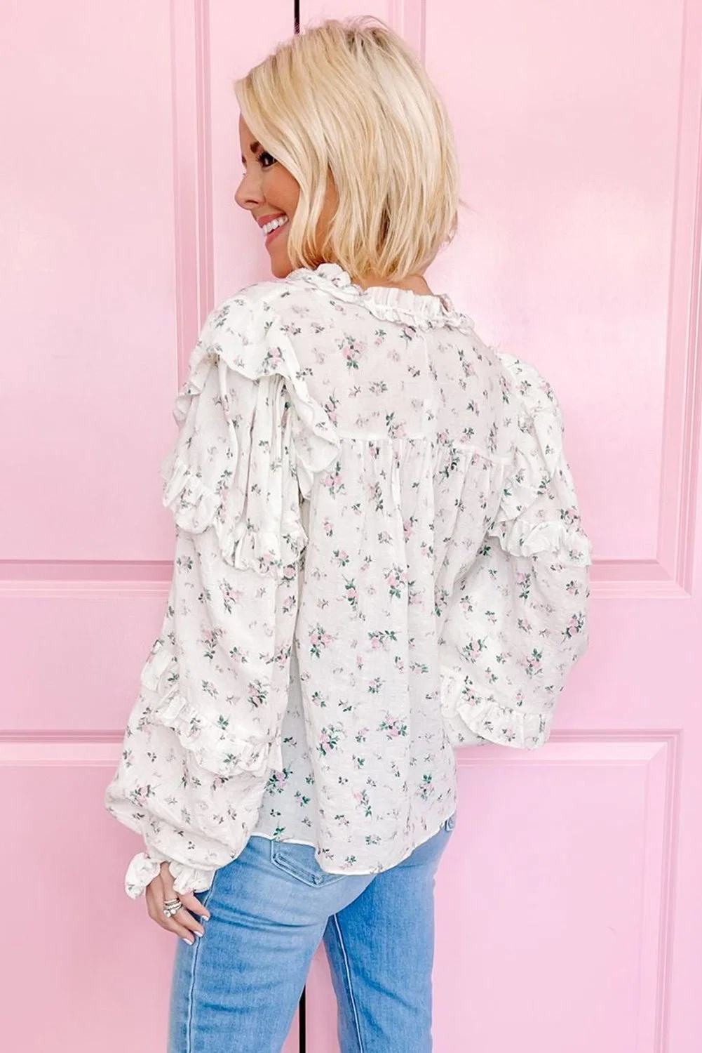 Dear-Lover Fashion White Tiered Ruffled Apparel Bishop Long Sleeve Floral Blouse Shirt