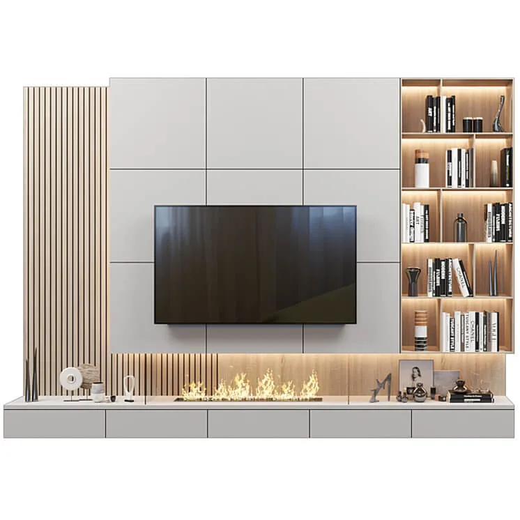 PA Living Room Furniture Glossy White Design Floor Mounted Modern Fireplace TV Stand Set