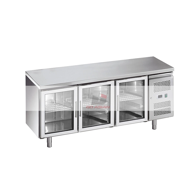 Stainless Steel Commercial Kitchen Equipment 4 Glass Door Chiller Gn Counter with Backsplash