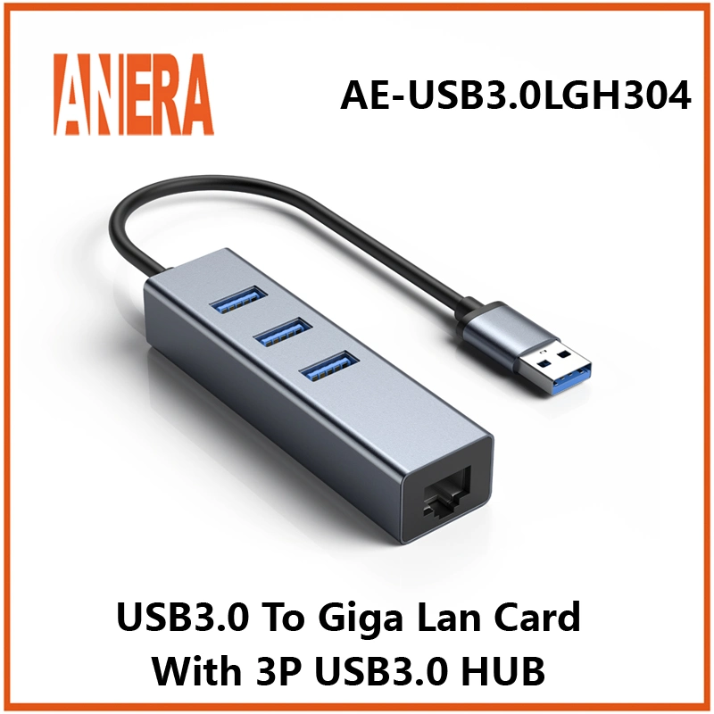 ANERA Hot Selling Aluminium Alloy USB3.0 a RJ45 Gigabit Ethernet Placa de rede de placa de rede com 3 portas USB3.0