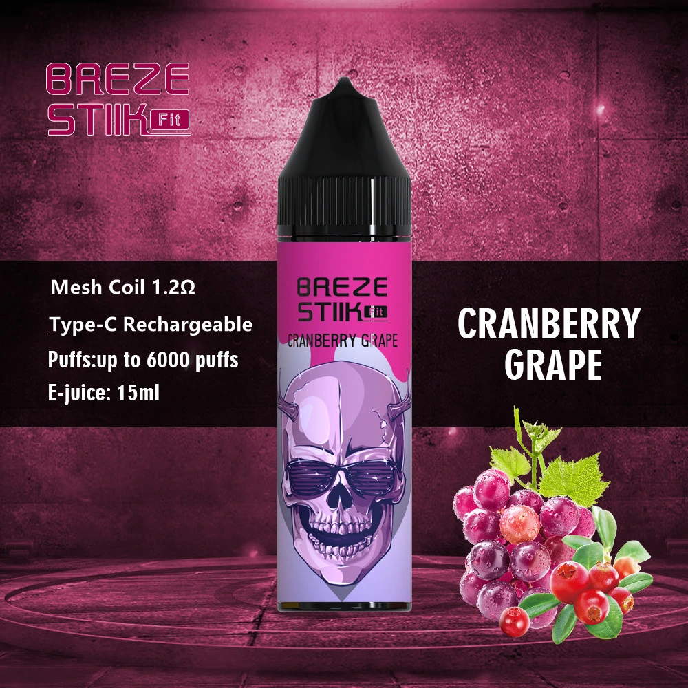 Breze Stiik Fit 6000 Puffs 15ml capacidad 6000 Puffs 500mAh Batería recargable Tipo C Puerto 12 colores varios sabores jugosos E VAPE desechable para cigarrillos