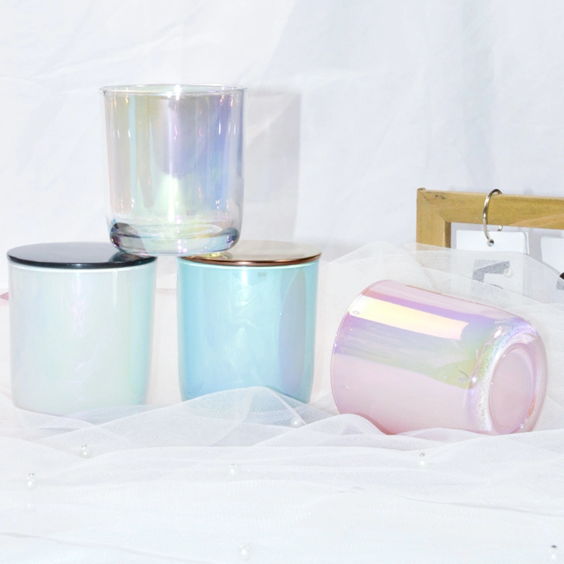 Holographic Candle Jar Rainbow Color Glass Candle Holder with Gold Silver Metal Lid